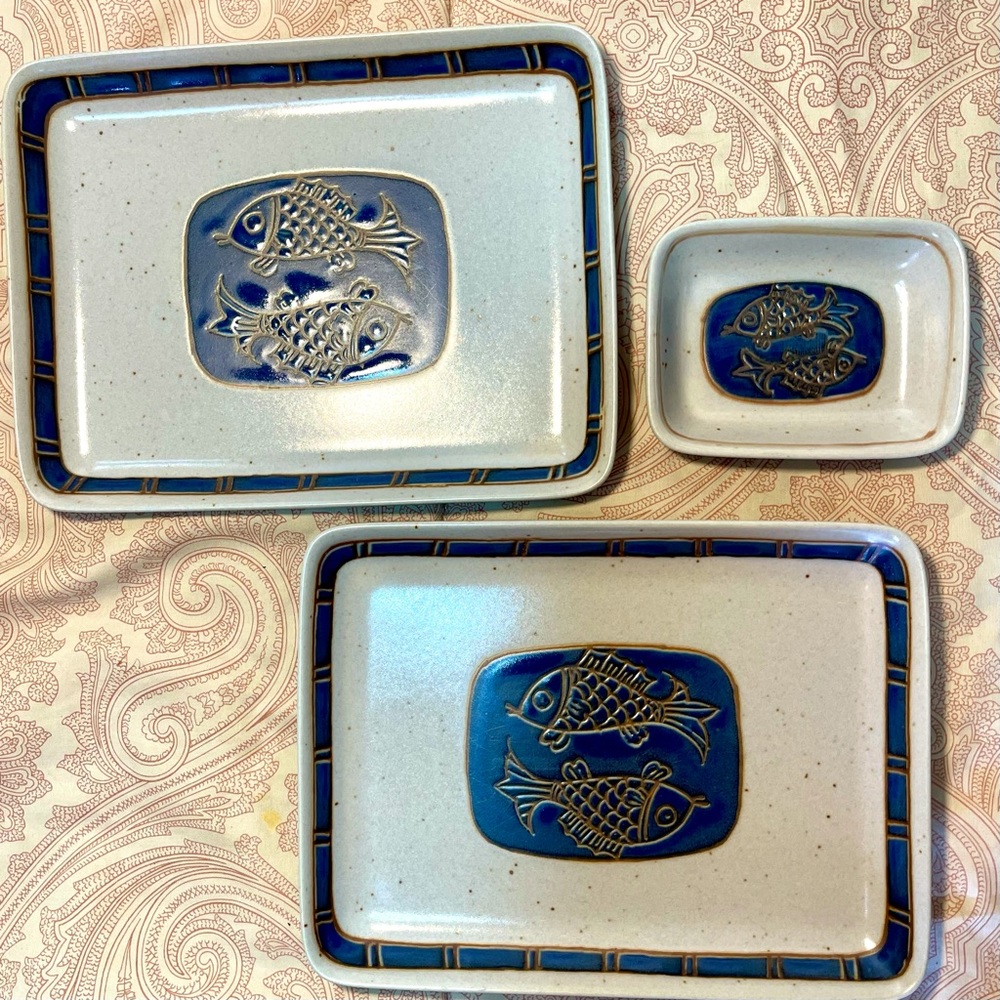 Blue fish sushi plate set of two plus dipping bowl